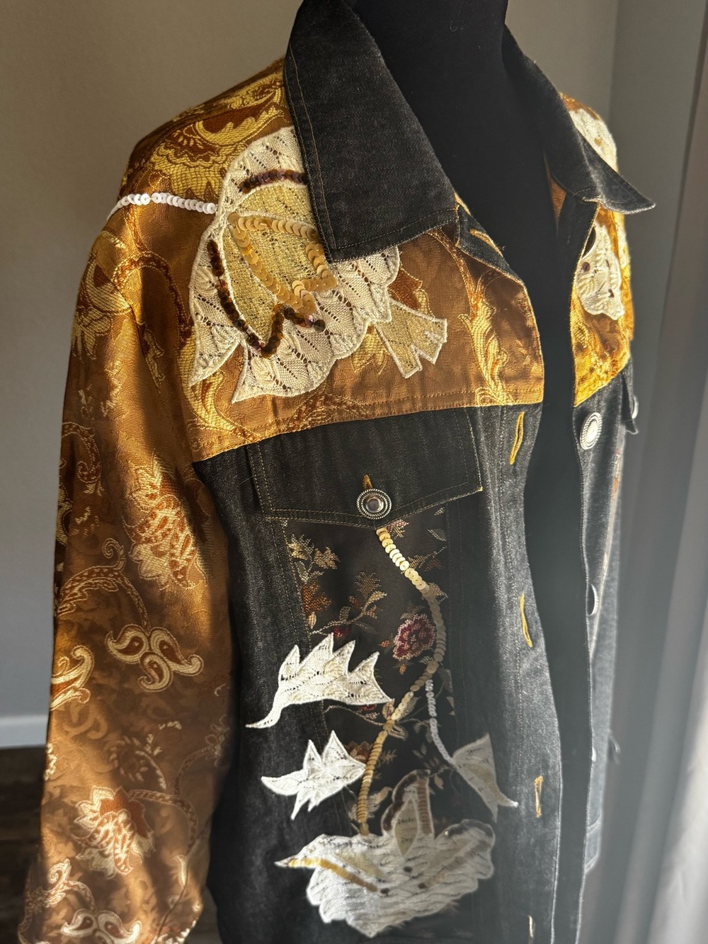 Embroidered Two-Tone Black & Gold Jean Jacket